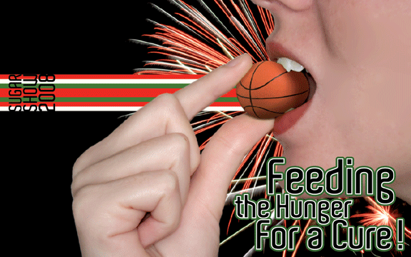 Woman eating a tiny basketball with fireworks in the background.