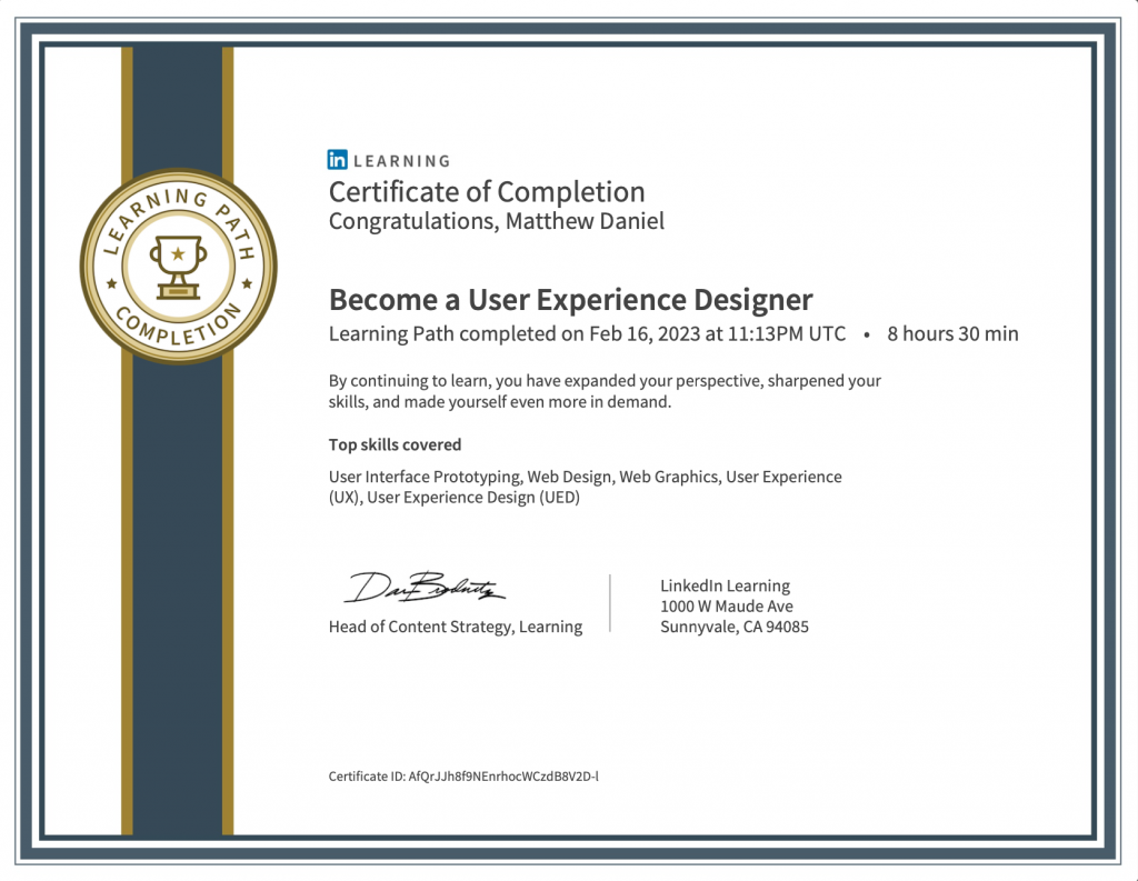 certificate of completion user experience designer