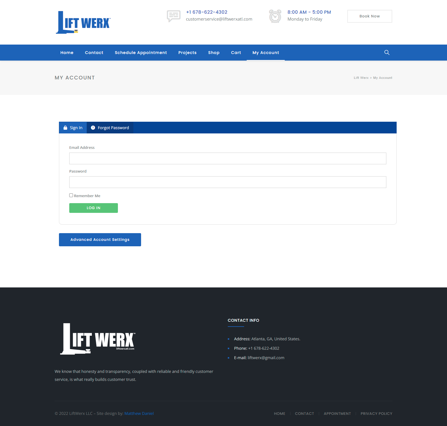 account log in screenshot from the Lift Werx website on the desktop experience