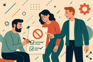 two men and a woman looking at a do no do list