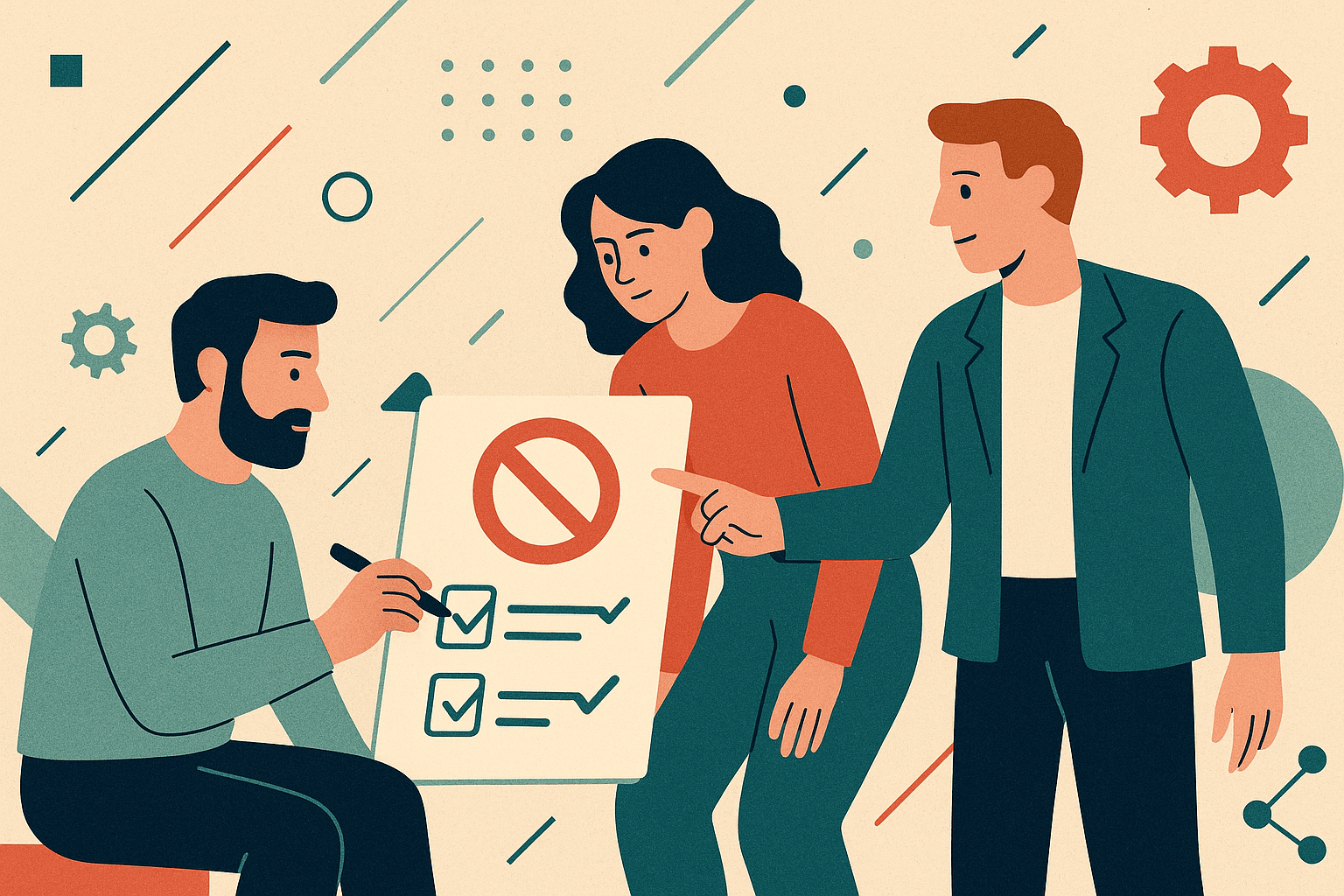two men and a woman looking at a do no do list