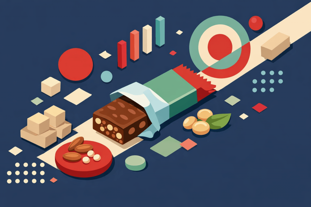 protein snack bar with the wrapper being removed in an illustrative flat colored isometric style