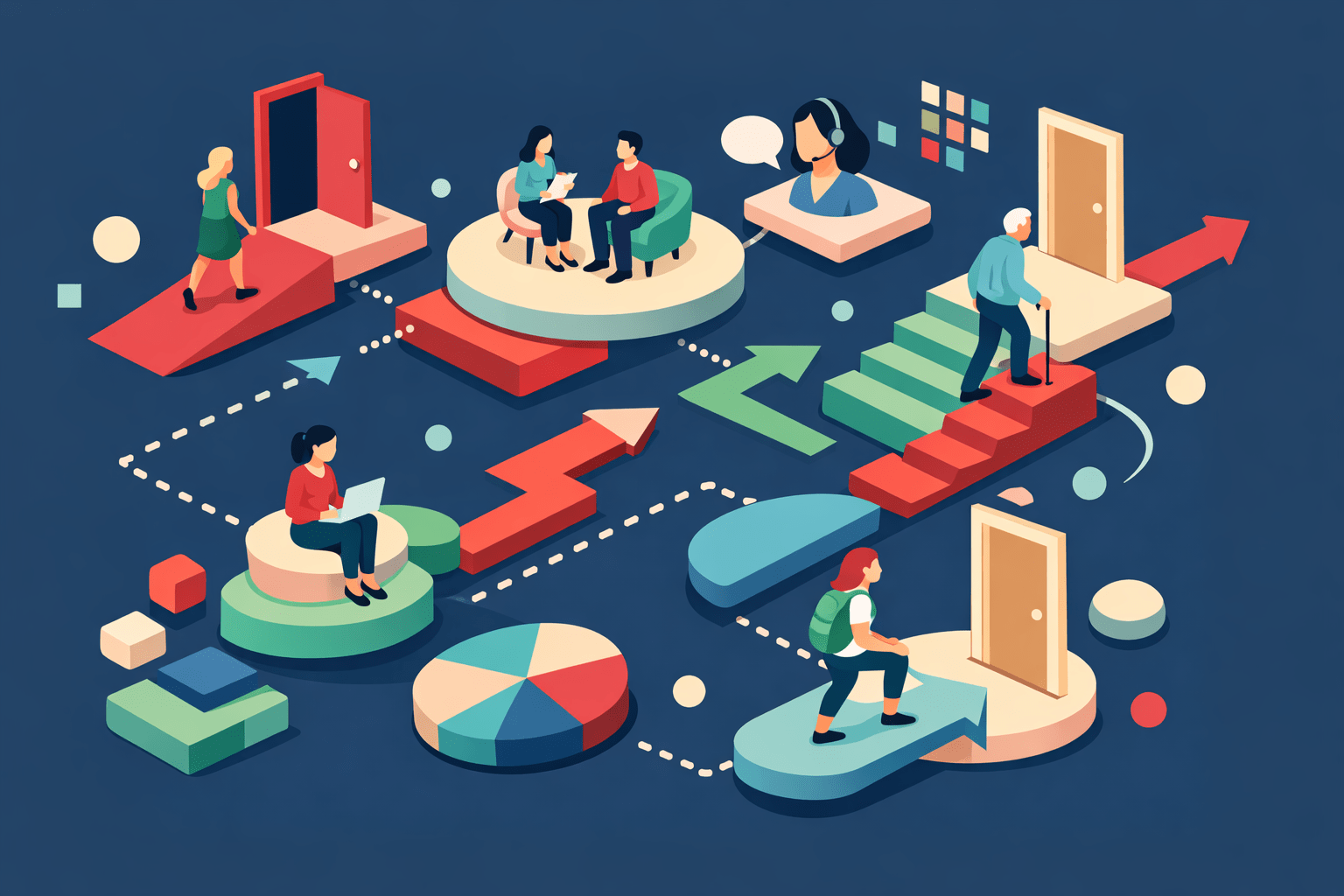 demand generation marketing consulting various personas taking different pathways to doors in an illustrative isometric art style on a blue background