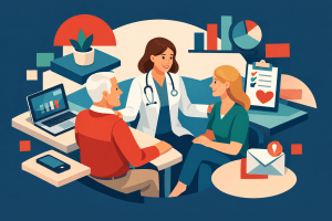 a doctor is sitting down with two patients surrounded by technology