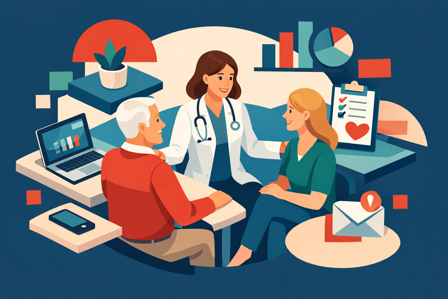 a doctor is sitting down with two patients surrounded by technology