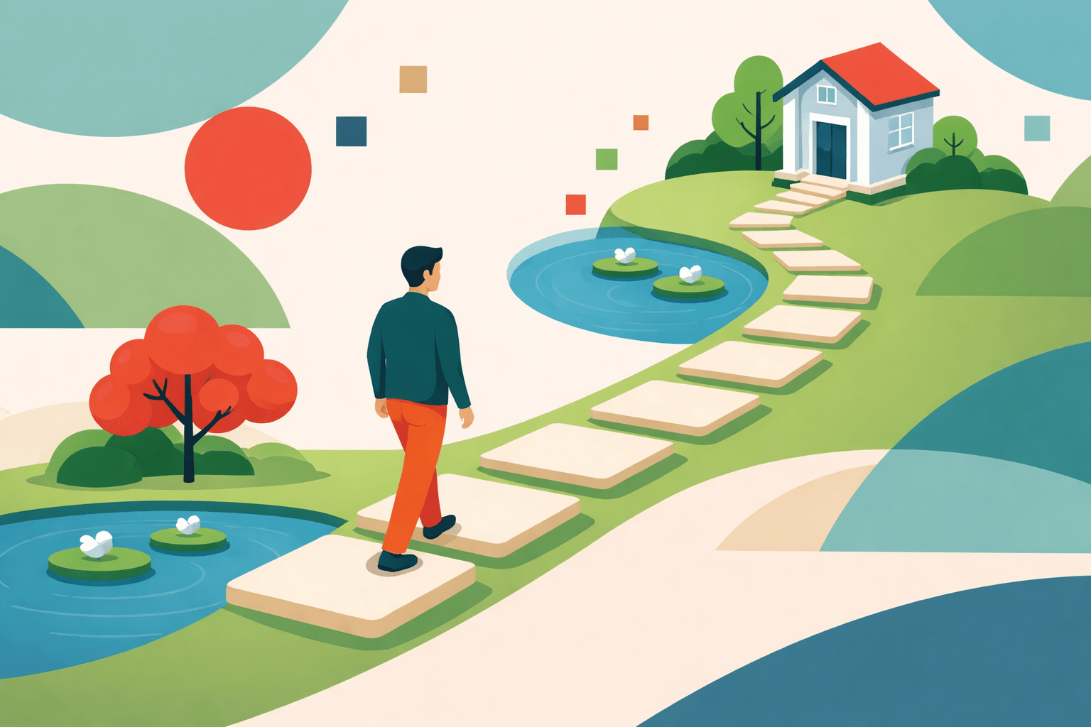 a male figure is walking through a park with ponds and lily pads on stepping stones towards a small building in an illustrative isometric style
